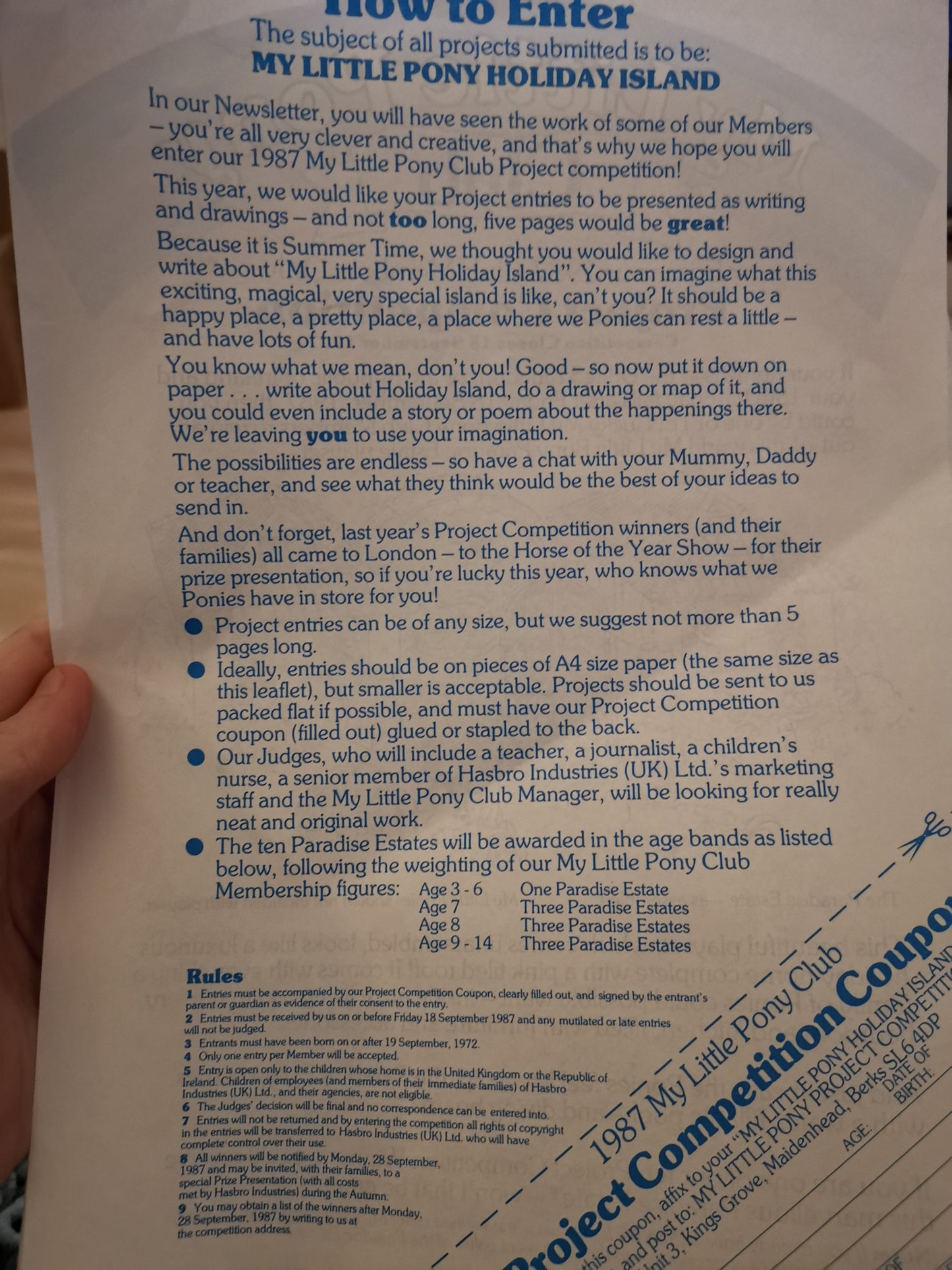 My Little Pony G1 Activity Club Pamphlet - Paradise Estate Competition 1987