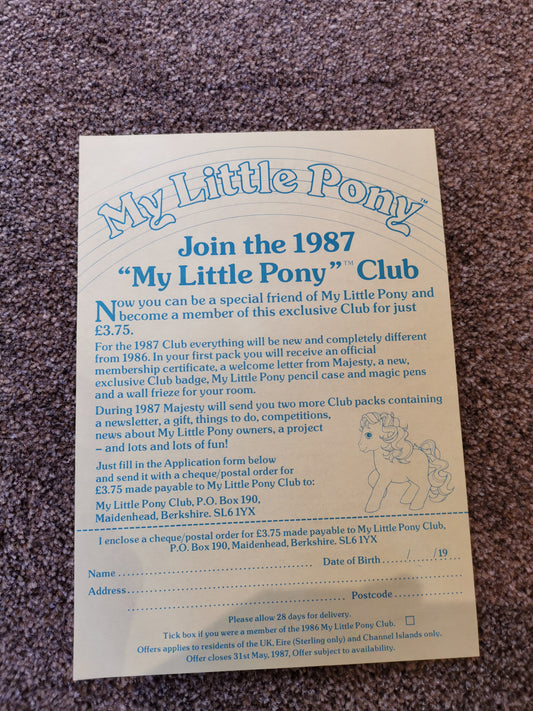 G1 My Little Pony UK Activity Club Yellow Pamphlet - Join the Club 1987